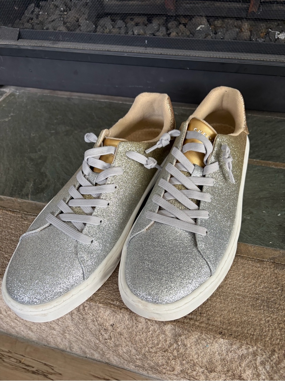 Skechers Silver Glitter Lace-Up Sneakers with Gold Trim